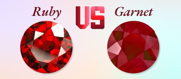 Comparison image of a red ruby and a garnet with ruby vs garnet caption.