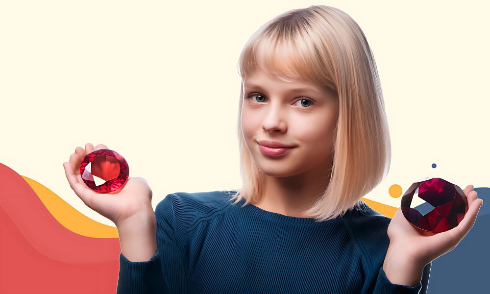 a girl holding two large red gemstones ruby and garnet against a multi-colored background.