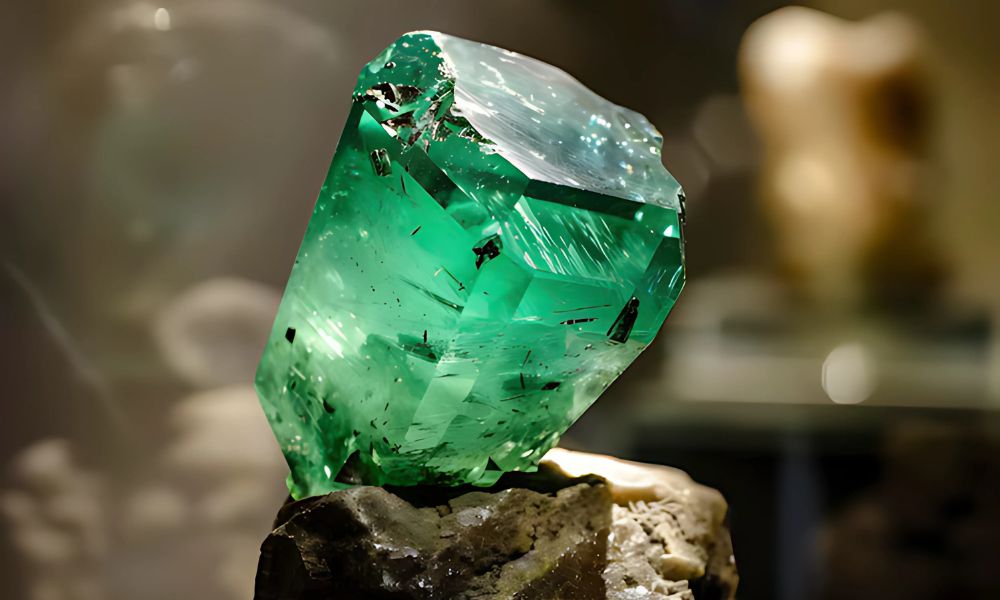 A large, radiant emerald crystal on a rock, displayed in a museum setting.