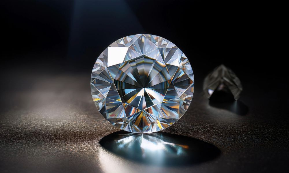 A large, shiny diamond in the foreground with a smaller one blurred in the background, on a dark surface.