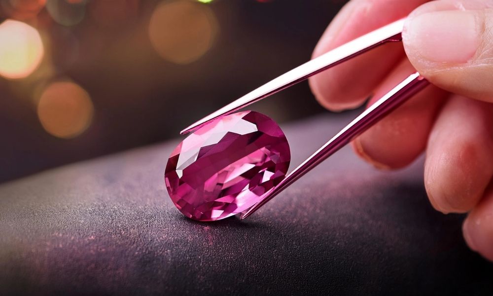 Hand holding tweezers with a sparkling pink ruby against a blurred background.