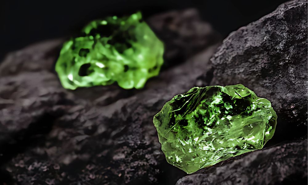 Two bright raw emerald on a dark rocky surface.