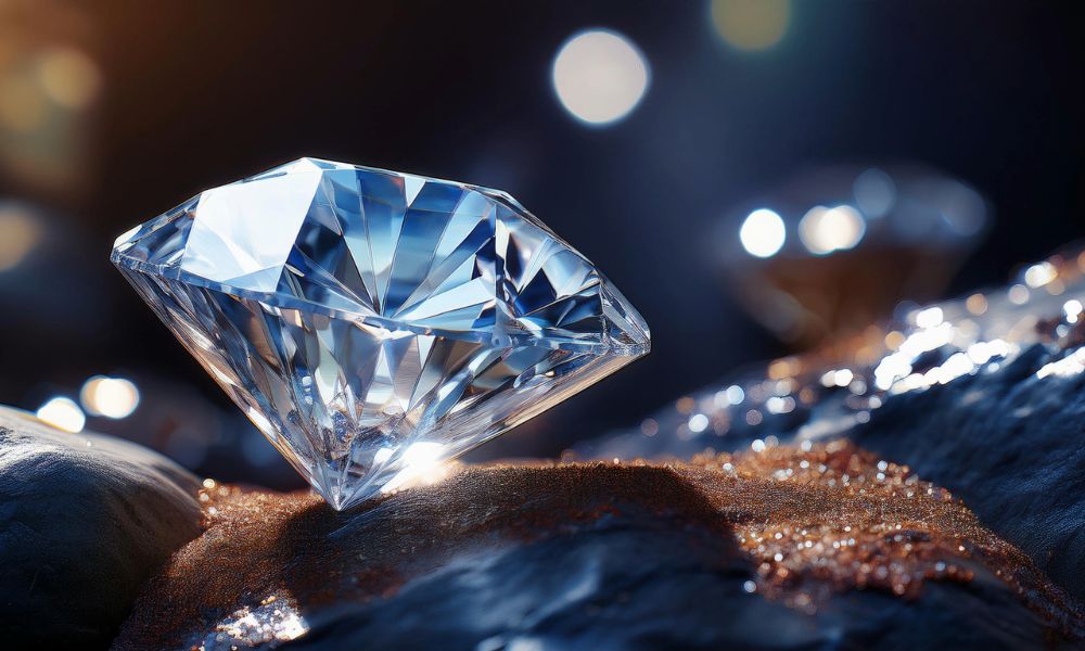 A sparkling diamond stone resting on a rocky surface with a bokeh light background.