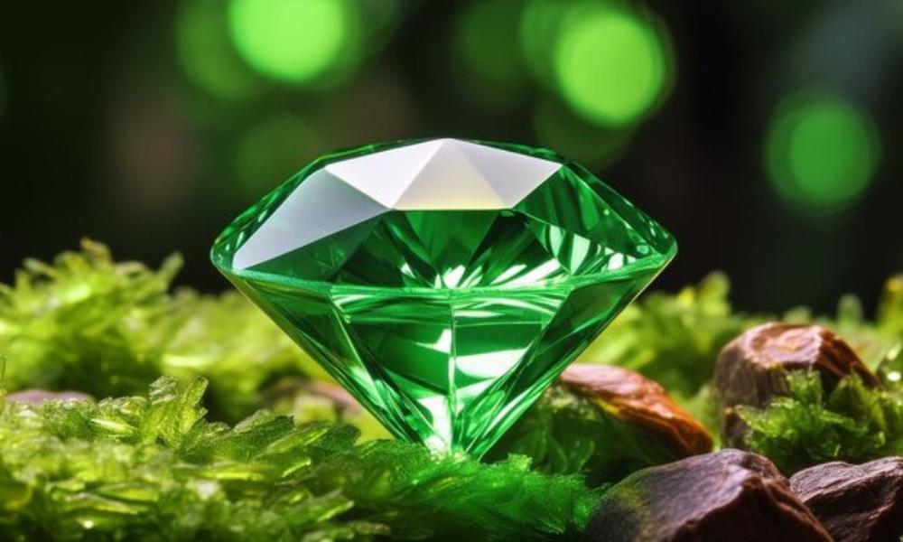 A radiant green diamond resting on moss with soft-focus background.