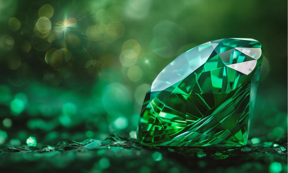 A sparkling green diamond resting on a textured surface with a radiant light flare.