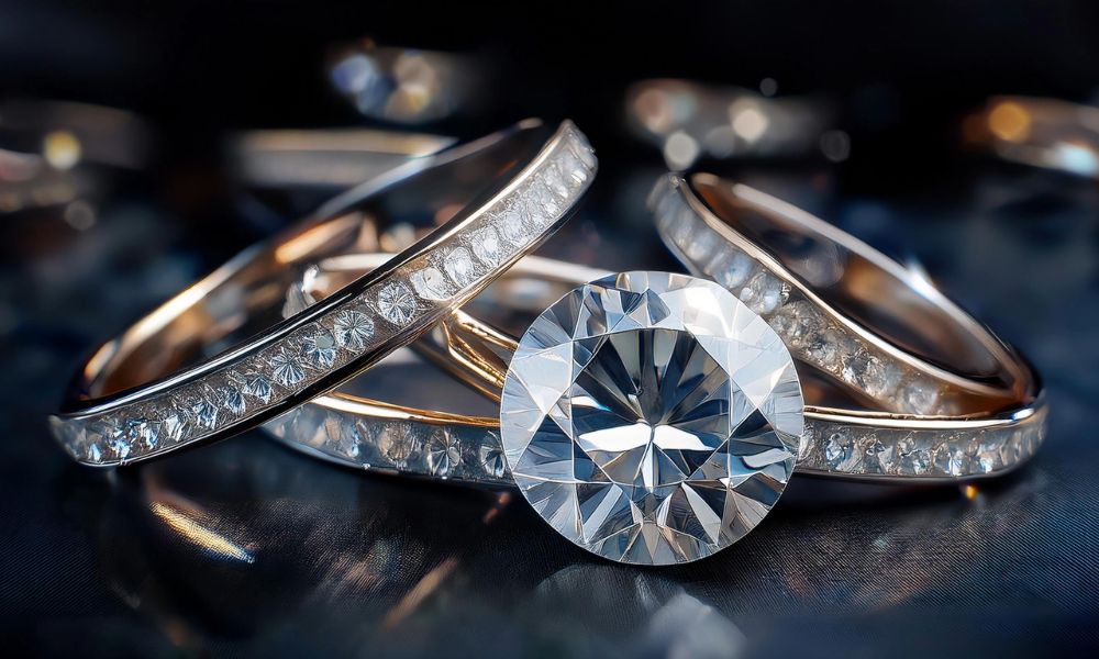 A close-up of a loose diamond stone in front of elegant diamond-encrusted gold bangles on a dark surface.