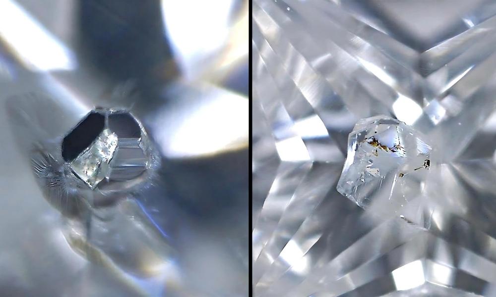 Close-up of two diamond inclusions, with one on each half of the split image, against a blurred background.