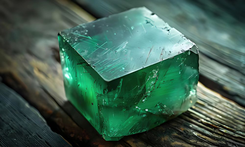 Raw emerald green crystal on a wooden surface with intricate internal textures.