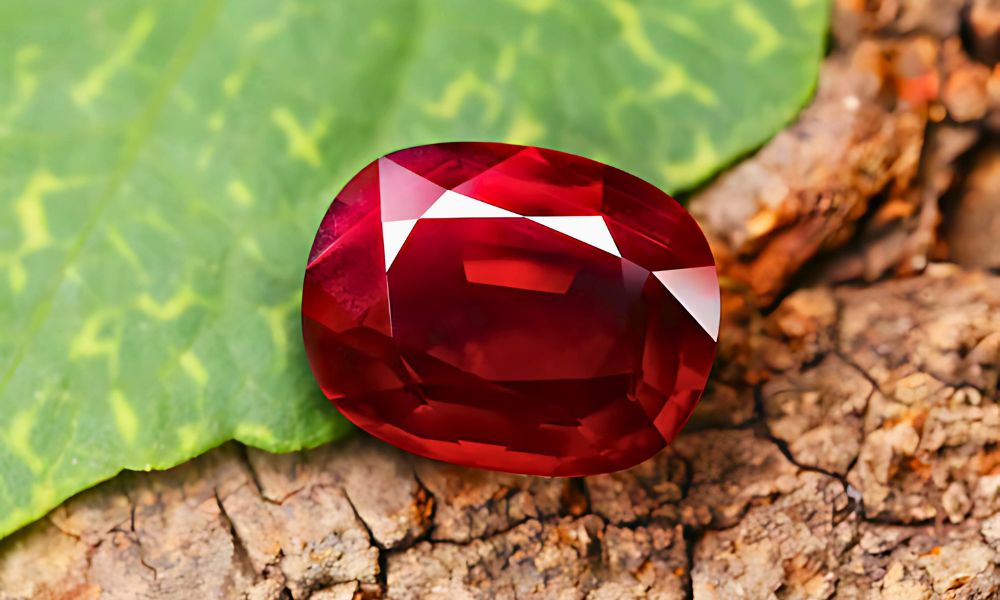 A shiny red emerald on a leaf over cracked soil.