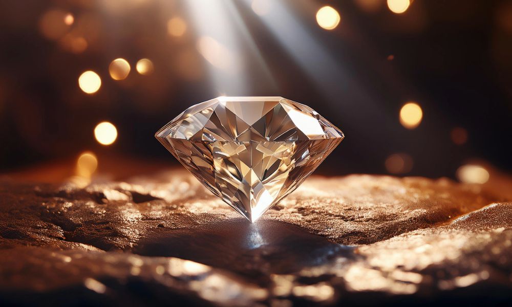 A radiant cut diamond stone on a rough surface with shimmering bokeh lights in the background.