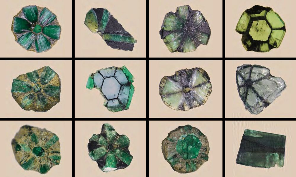 Collection of various trapiche emerald crystals on a beige background.