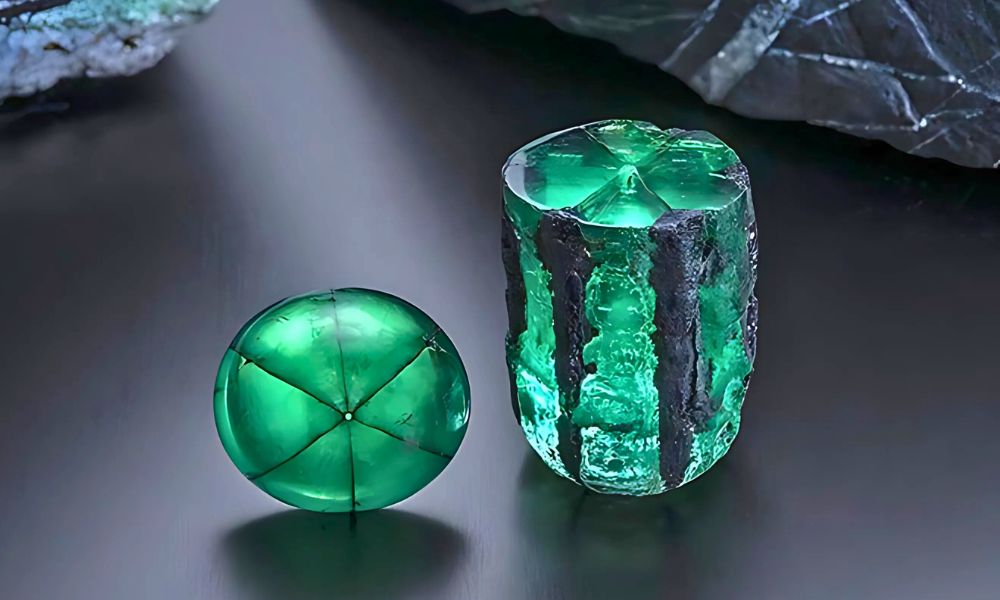 A polished trapiche emerald sphere alongside a rough emerald crystal on a dark surface.