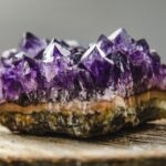 A chevron amethyst geode on a wooden surface, showcasing sharp purple crystals.