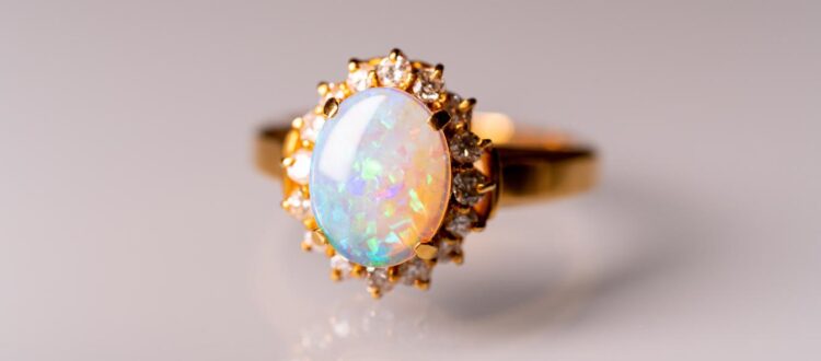 Gold ring with a large opal surrounded by smaller diamonds, on a reflective surface. This is called opal wedding rings.