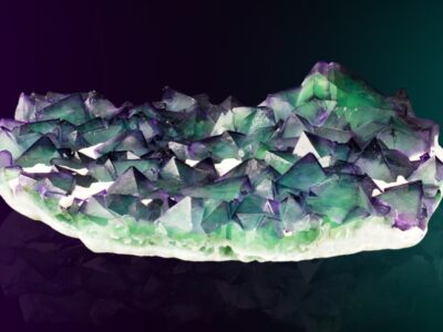 A vibrant cluster of green and purple crystals on a reflective surface.