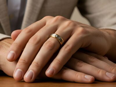 A close-up of a man's hands on wood, showcasing a gold and silver ring, one of many elegant Mens Wedding Bands.