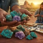A person holds a collection of semi precious stones and minerals, surrounded by various tools and a map on a desert landscape at sunset.