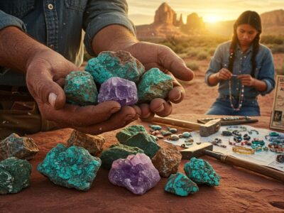 A person holds a collection of semi precious stones and minerals, surrounded by various tools and a map on a desert landscape at sunset.