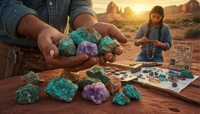 A person holds a collection of semi precious stones and minerals, surrounded by various tools and a map on a desert landscape at sunset.