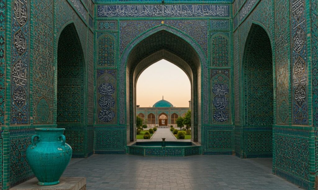 A large green courtyard, reflecting dark turquoise hues reminiscent of ancient Persian mosque architecture.