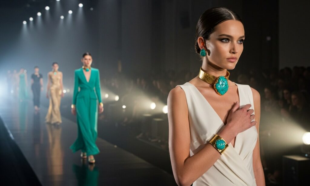 A model walks the runway showcasing a dark turquoise jewelry at the fashion show.