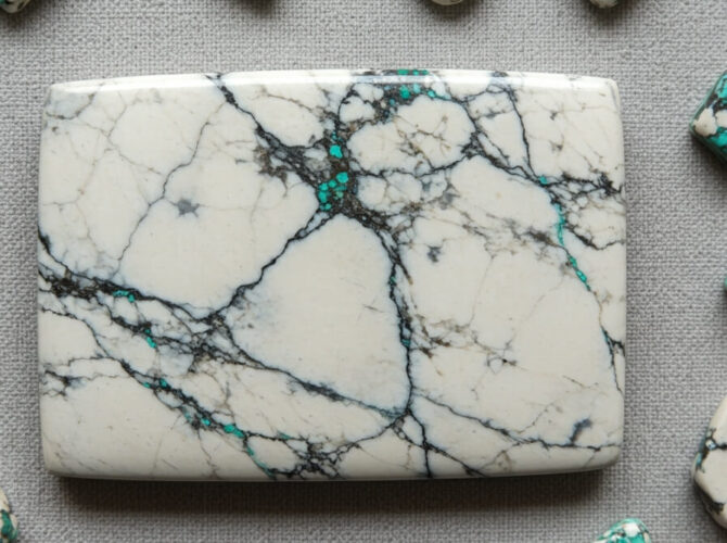 A square of white marble encircled by green stones, showcasing white buffalo turquoise details.