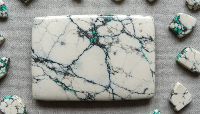 A square of white marble encircled by green stones, showcasing white buffalo turquoise details.