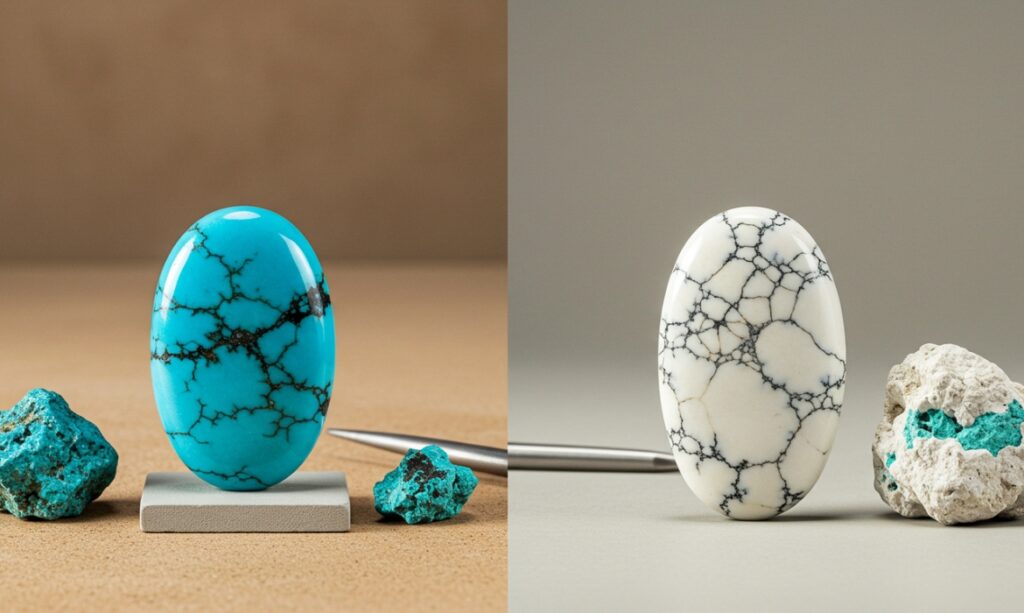 Comparison of white buffalo turquoise with other turquoise stones, featuring a knife in the image for scale.