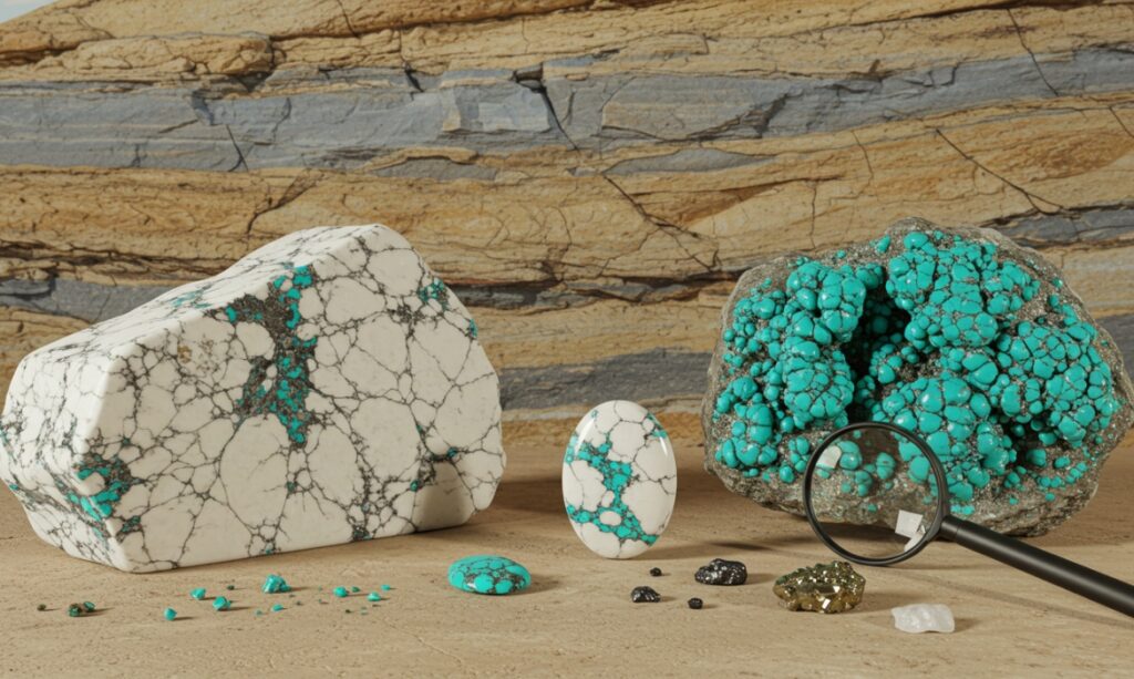 A rock with turquoise and other stones on the ground, showcasing a white buffalo turquoise geological formation.