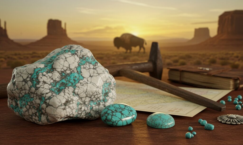 A rock, a map, and white buffalo turquoise stones arranged on a table, highlighting their historical significance and origin.