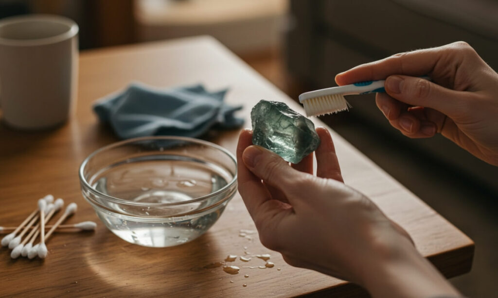 A person brushes fluorite crystal with a toothbrush, demonstrating cleaning techniques for fluorite crystals.