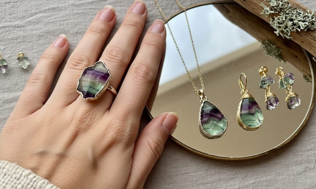 A woman's hand holds a ring and some other jewelry items featuring  fluorite crystals.