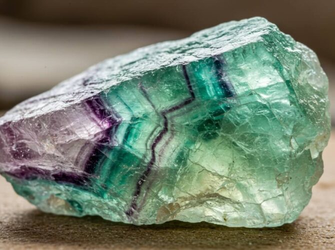 A fluorite stone displaying vibrant green and purple colors with a prominent green stripe.