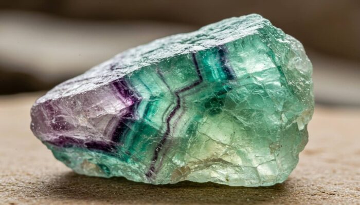 A fluorite stone displaying vibrant green and purple colors with a prominent green stripe.