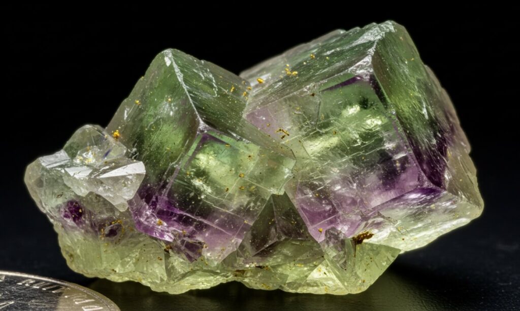 A close-up of a green and purple fluorite crystal with a quarter for scale, highlighting its unique geological features.