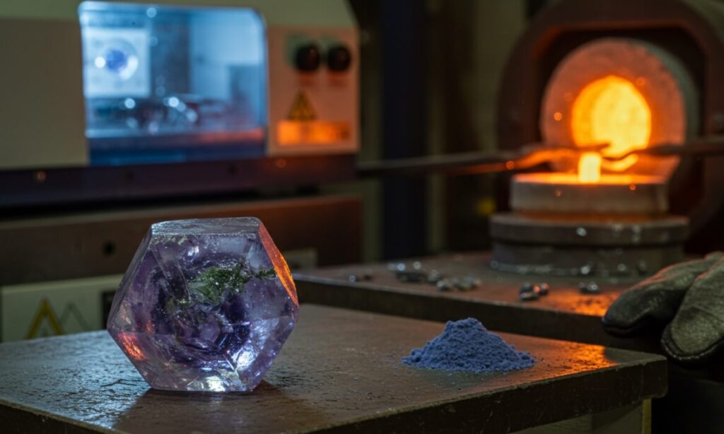A fluorite stone melts in a glass machine, showcasing the modern popularity of this vibrant stone.