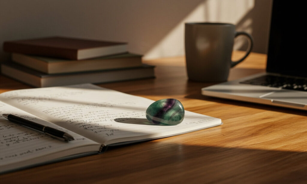 A green fluorite stone rests on a notebook beside a laptop, symbolizing clarity and focus in work or study.