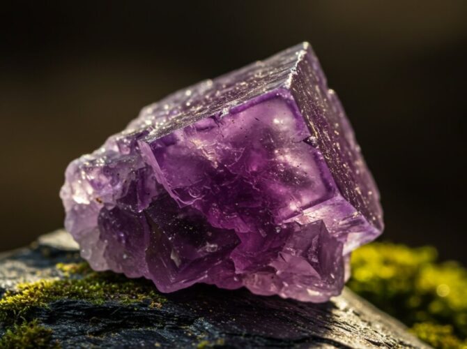 Purple Fluorite resting on vibrant green moss, showcasing its rich purple hues and natural beauty.