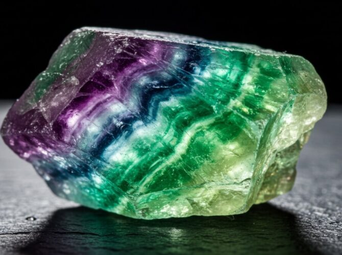 A large rainbow fluorite stone featuring vibrant green and purple hues with a spectrum of colors throughout.