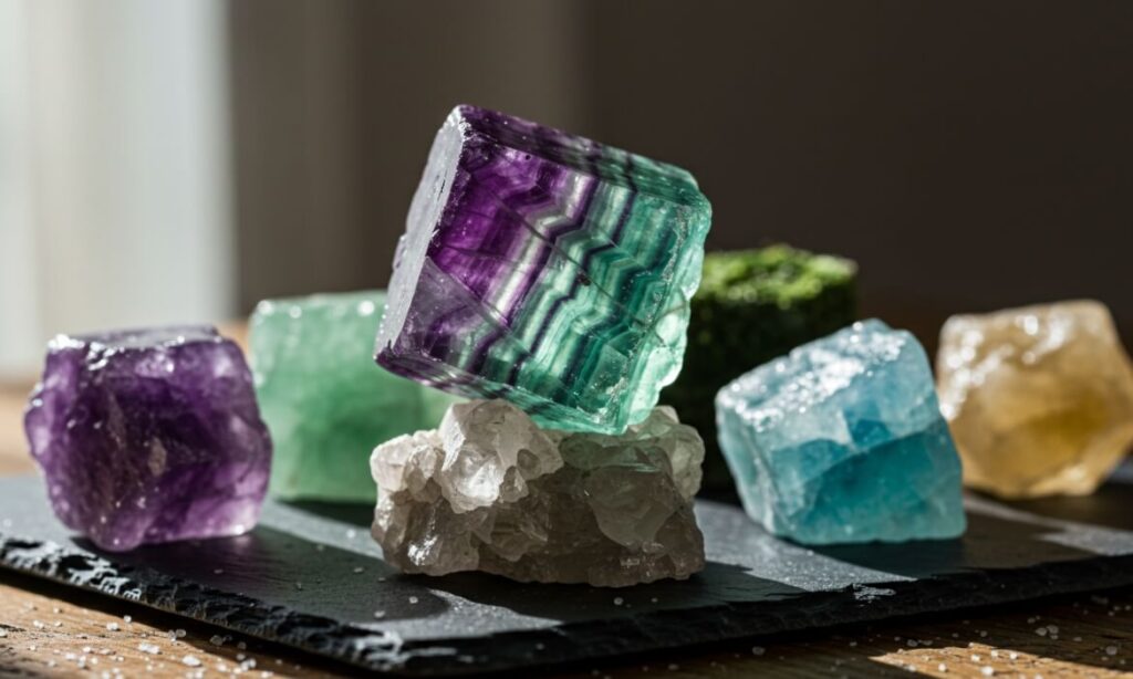 A display of rainbow fluorite along with other fluorites showcasing its metaphysical properties.