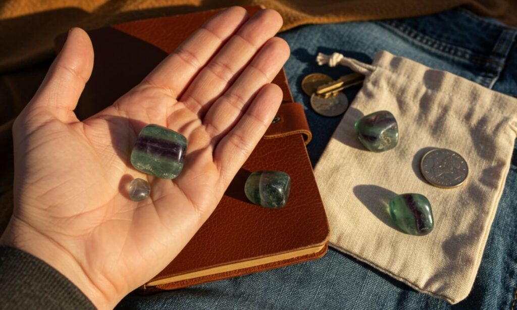 A person holding a bag containing a piece of rainbow fluorite, demonstrating its benefits in crystal healing practices.