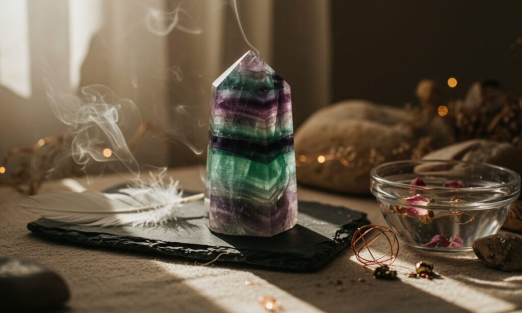 Amethyst crystal incense burner with rainbow fluorite, symbolizing metaphysical properties and enhancing spiritual practices.